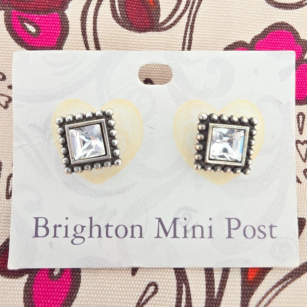 BRIGHTON Sparkle Square Earrings Mini Post SWAROVSKI Clear Crystal Silver Plate